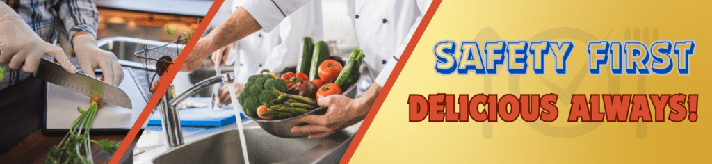Graphic for Safety First, Delicious Always Image of someone chopping a fresh carrot on a cutting board, and a chef washing fresh vegetables in a colander in a restaurant sink
