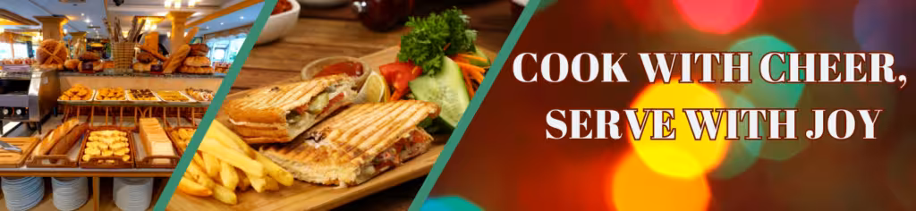 Graphic for Cook With Cheer, Serve With Joy Image of a restaurant set up for breakfast with bagels displayed and a freshly made panini sandwich.